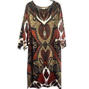 Chicos Sheath Dress Size Large Knee Length Colorful Slit Kimono Sleeves Pullover